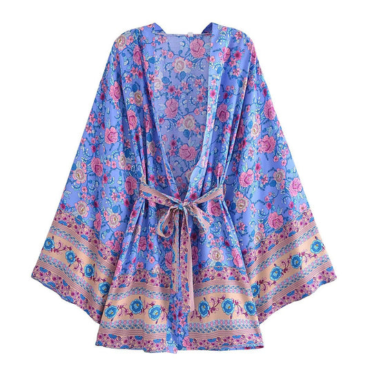 Rayon Bohemian Printed Belt Kimono Jacket Cardigan