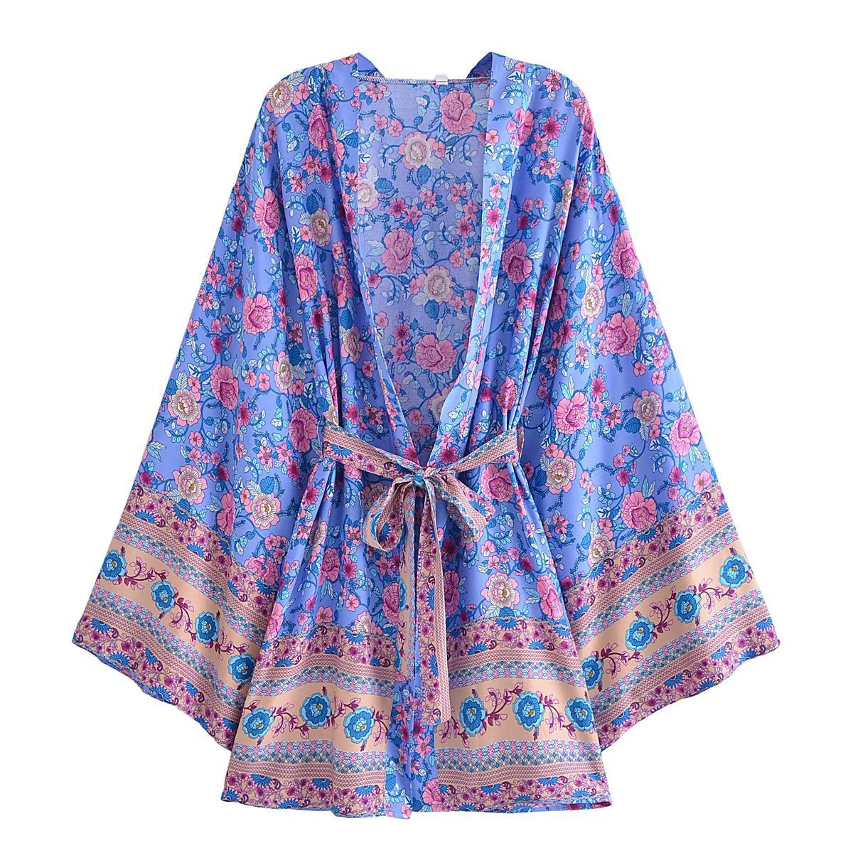 Rayon Bohemian Printed Belt Kimono Jacket Cardigan