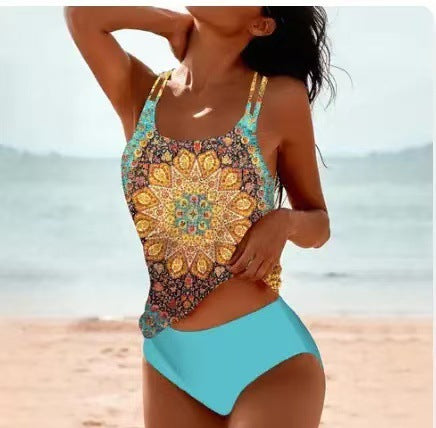 Women's Casual Retro Print High-waist Bikini Set
