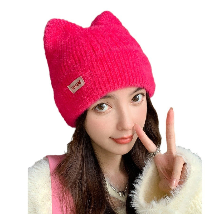 Winter Mink Cat Ears Plush Girl's Cap Warm Ear Protection Knitted Hat