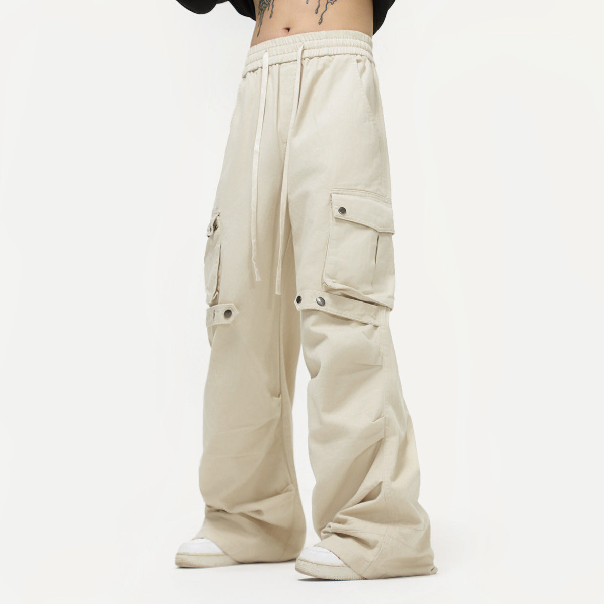 Pleated Elastic Waist Retro Wide Leg Workwear Pants