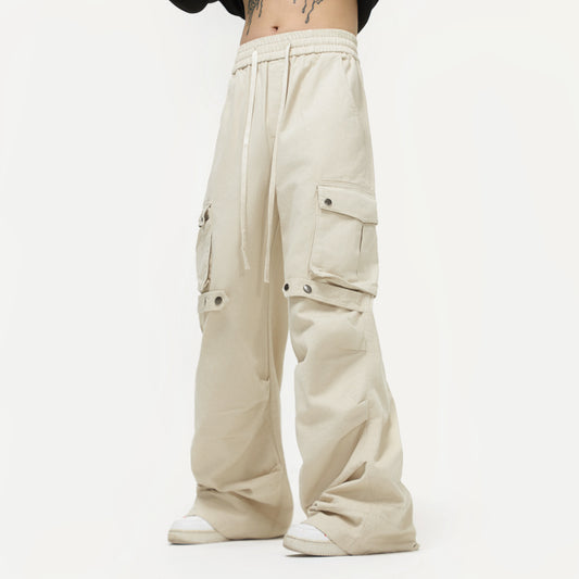 Pleated Elastic Waist Retro Wide Leg Workwear Pants