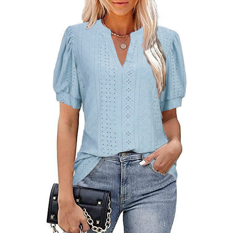 Casual V-neck Solid Color Hollow Puff Sleeve Loose T-shirt
