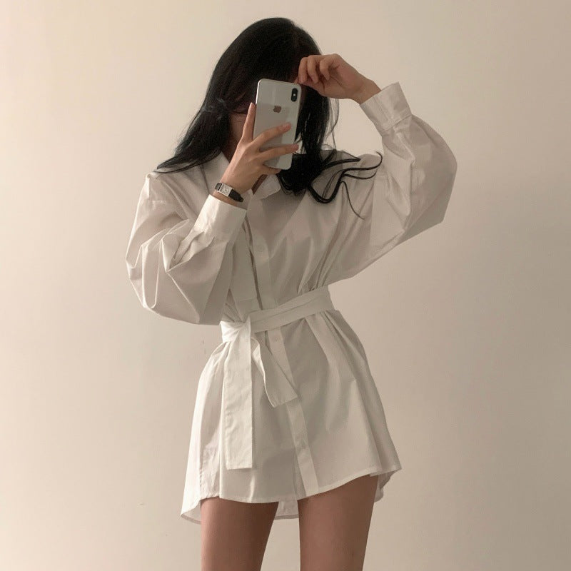 Womens Minimalist Solid-color Loose-fitting Belted Shirt Dress