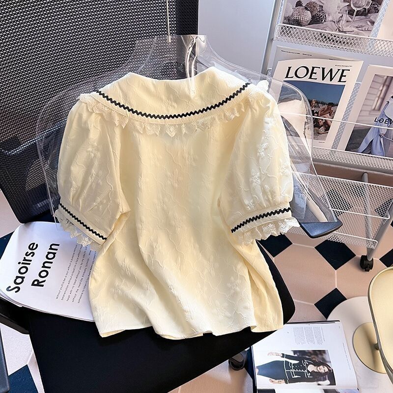Design Sense Niche Lace Sweet Chic French Puff Sleeve Top