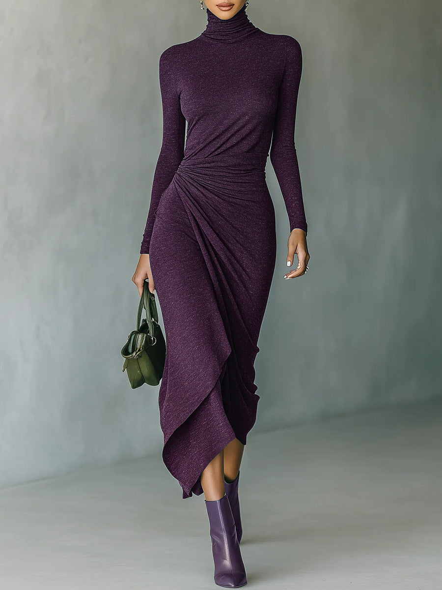 Womens High Neck Defined Waist Asymmetrical Wrap Dress