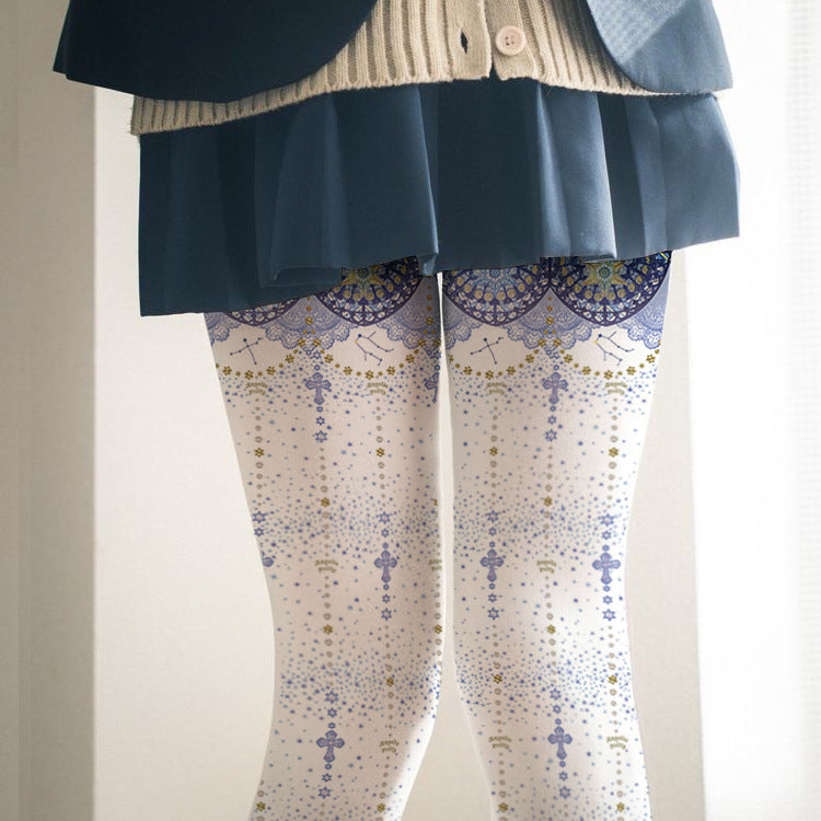 Spring And Summer New Rompers Cartoon Starry Sky Velvet Ladies Leggings Printed Silk Stockings