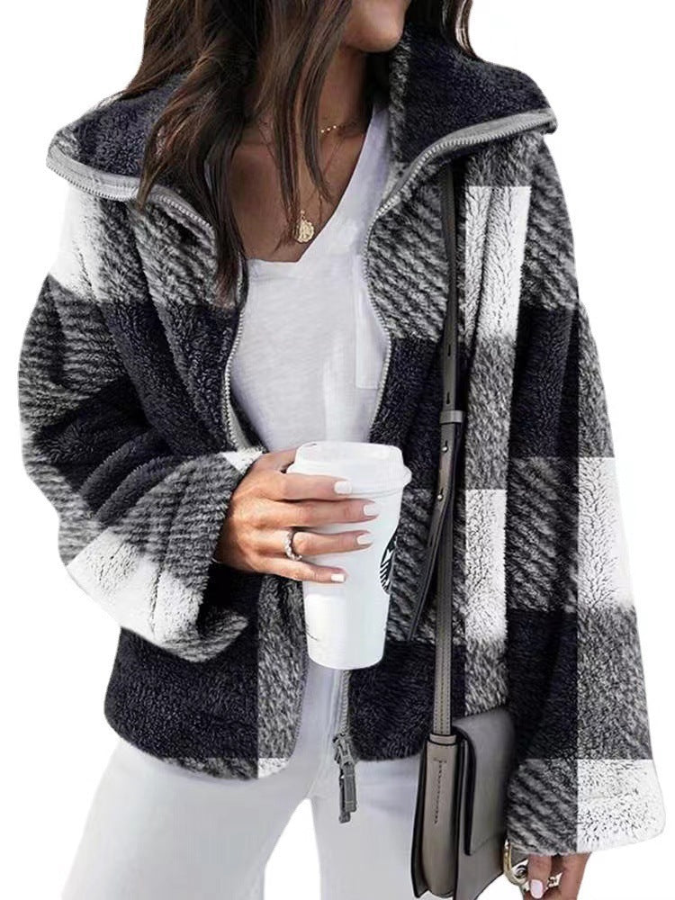 Plush Plaid Coat Plus Size Women's Clothing
