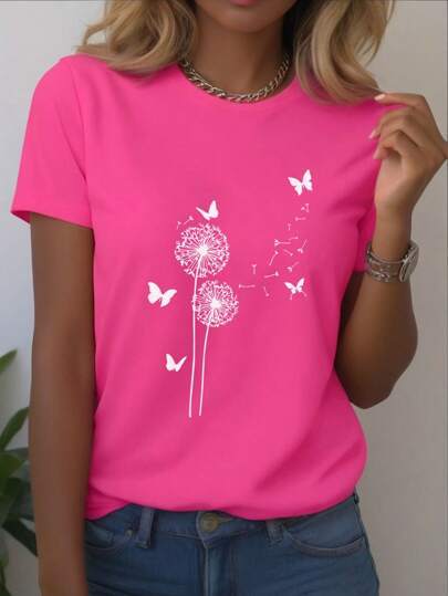 Dandelion Butterfly Pattern Round Neck Short Sleeve