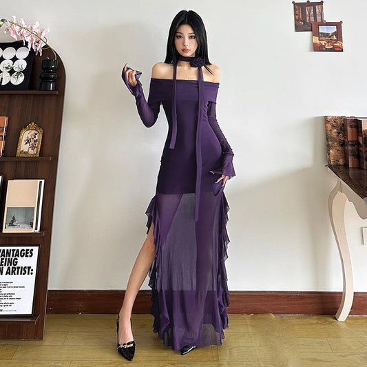 Off The Shoulder Mesh Long Sleeve Dress Figure Hugging And Hip Hugging Maxi Length