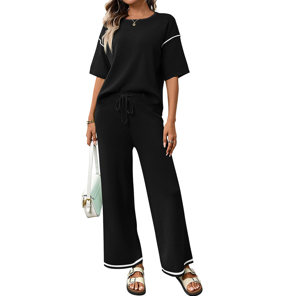 Womens Casual Ice Silk Sweater Short Sleeve Leisure Set