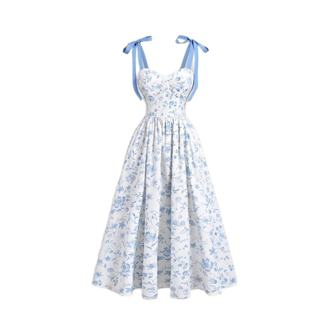 Elegant Lace-Up Shoulder With Floral Print Waist-Cinching Design Vacation-Ready Chic Casual Slip Dress