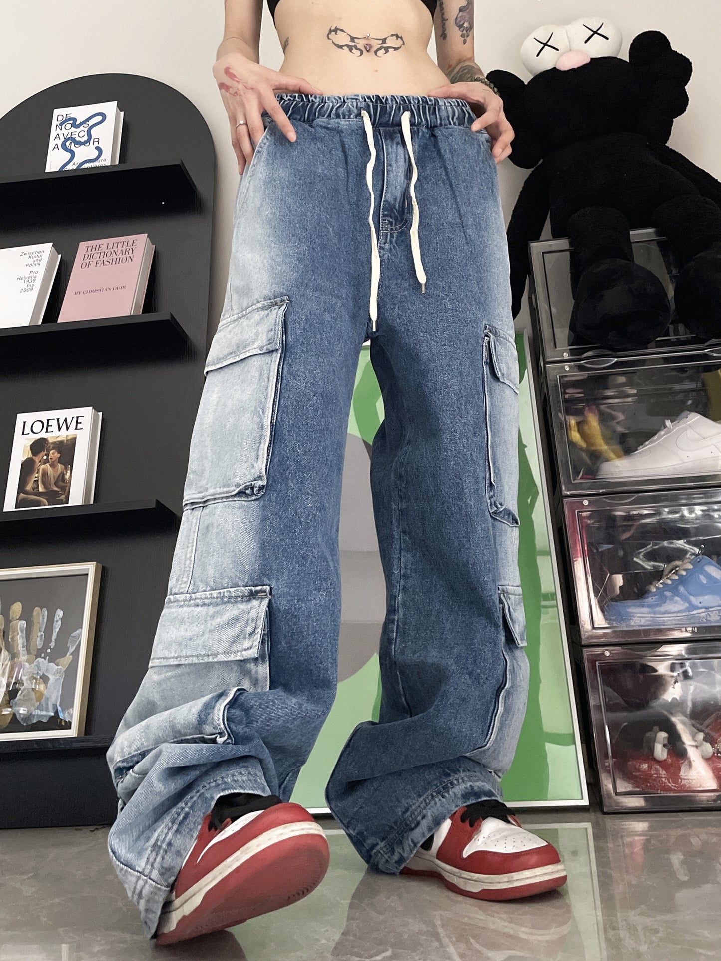 Vintage jeans med elastik i taljen og mange lommer