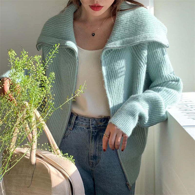 Korean Style Idle Style Large Lapel Knitted Cardigan Zipper Coat
