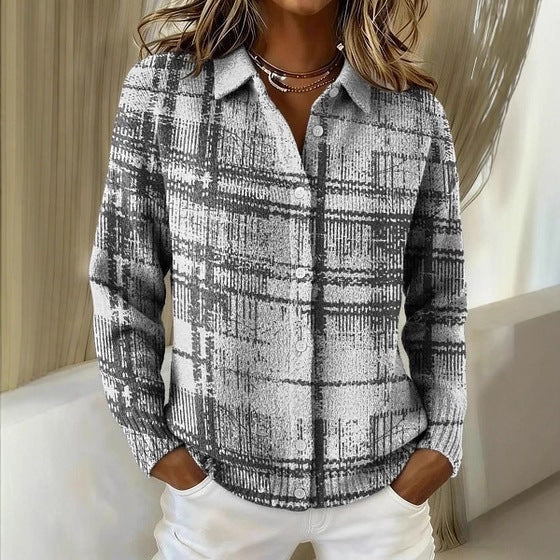 Womens Retro Plaid Printed Long-Sleeve Shirt With Star Design