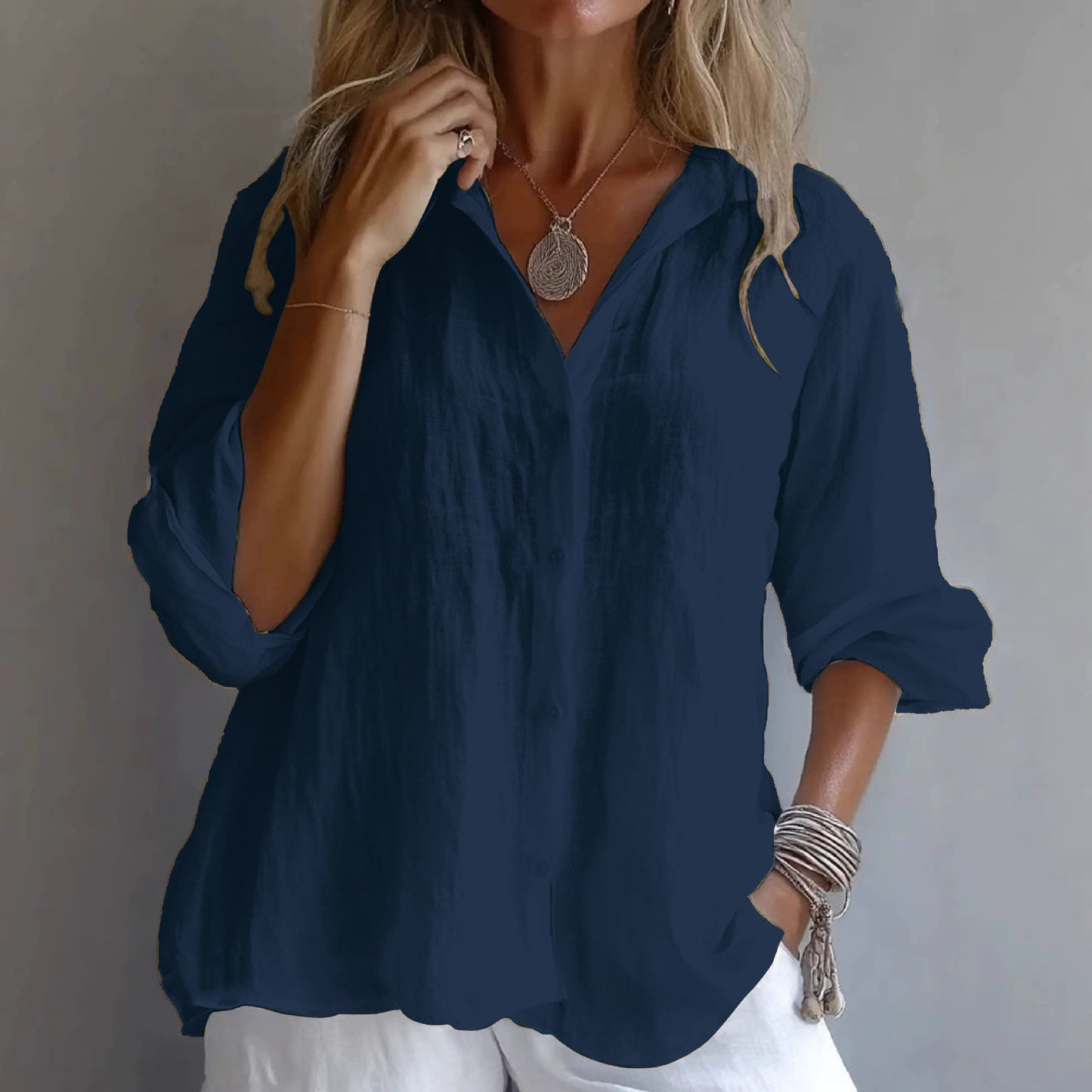 Spring Bestseller Women's Solid Color Linen Long Sleeve Casual Shirt