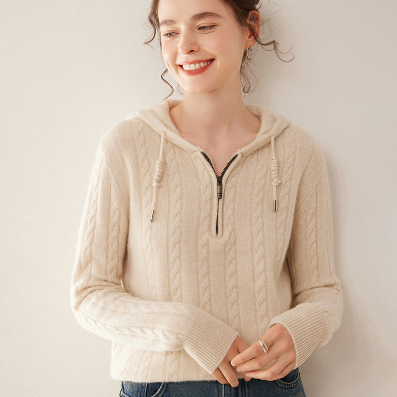 Cashmere Sweater Women's Hooded Twist Half-open Collar Sweater