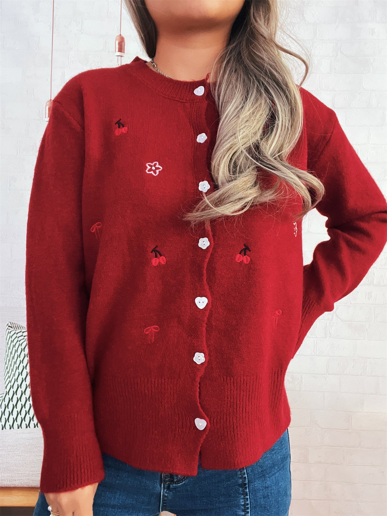 Flower Embroidery Personalized Button Single-breasted Knitted Cardigan Sweater