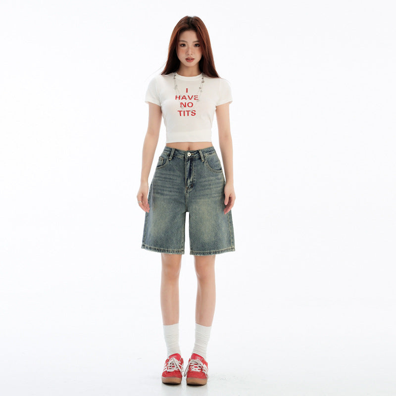 Womens Retro Blue High-Waisted Straight-Leg Cropped Denim Shorts
