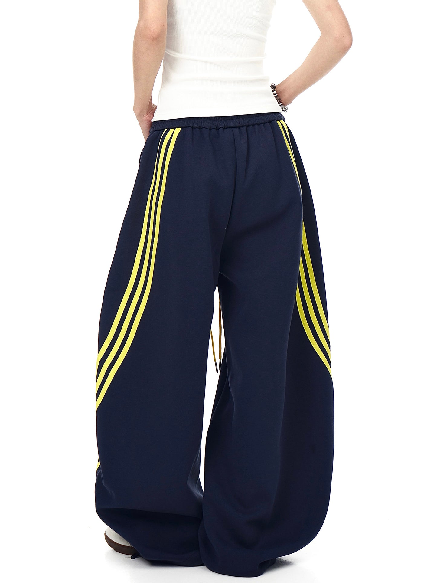 Womens American-Style Retro Striped Color-Block Patchwork Cropped Sweatpants