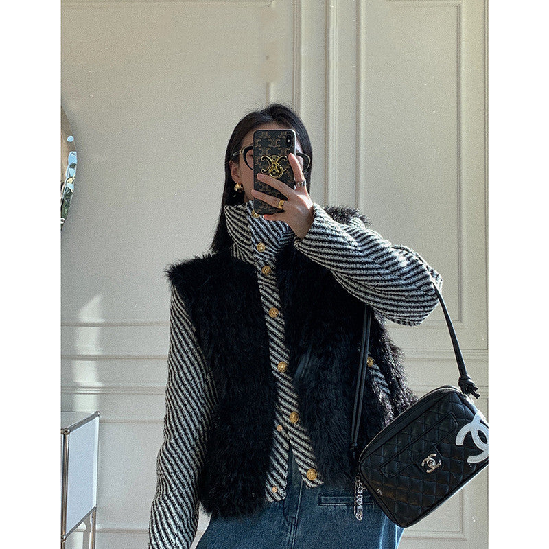 Temperament Small Fragrant Gold Buckle Tweed Faux Fur Coat