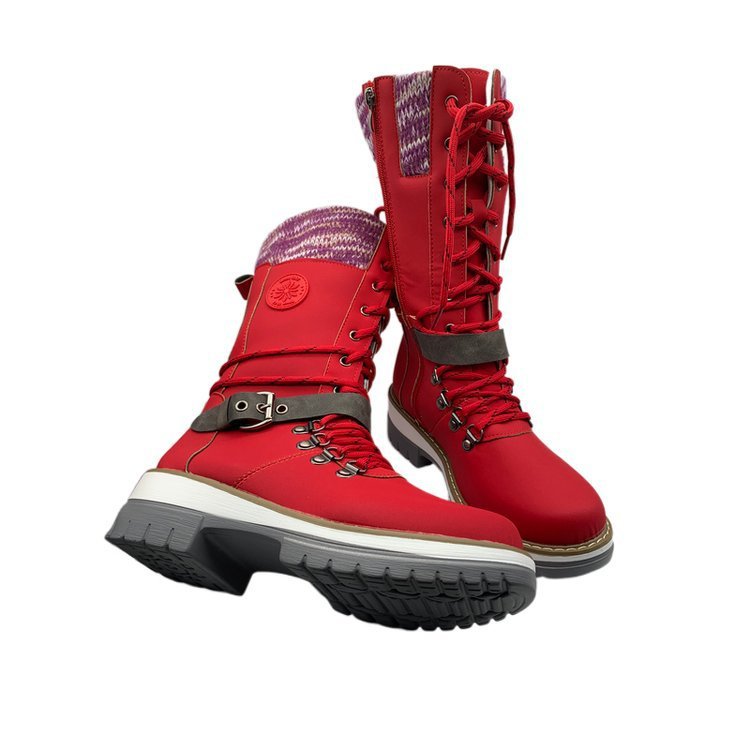 Round-toe Square-heel Leather-buckle Knit-mesh Dr Martens-style Boots