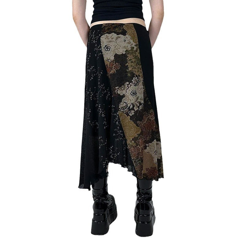 Retro Ethnic Style Personalized Printing Stitching Asymmetric Skirt