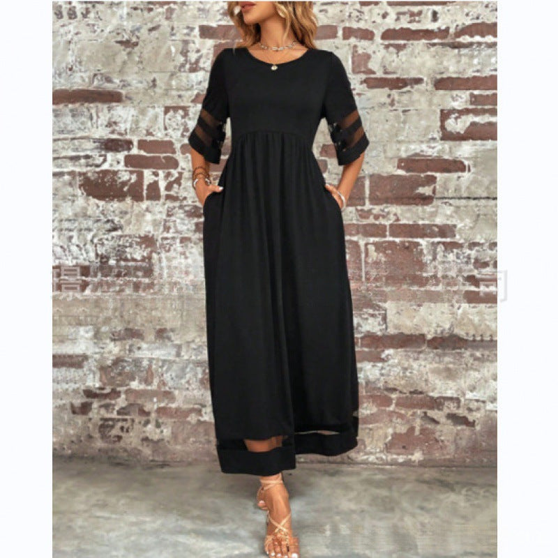 Womens Half-Sleeve Mesh Crew-Neck Patchwork Pocket Dress