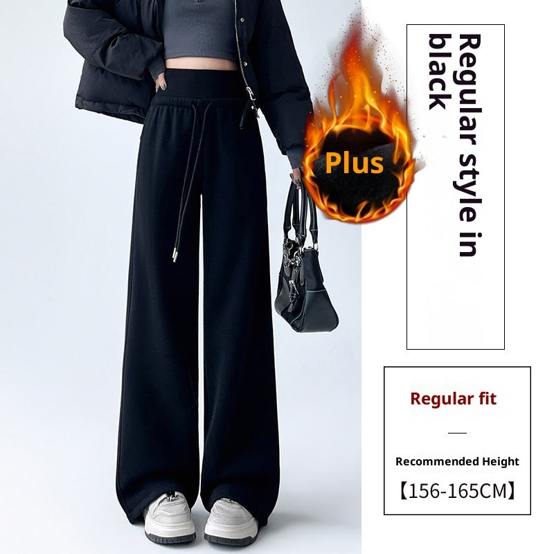 Fleece-lined Thick Loose Casual High Waist Drooping Straight Sports Trousers