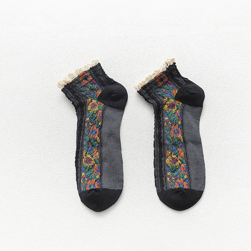 Women's New Lace Cotton Retro Small Floral Boat Socks