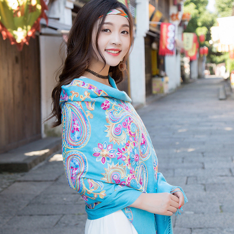Embroidered Ethnic-Style Great Wall Cashew-Pattern Embroidery Cashmere Scarf