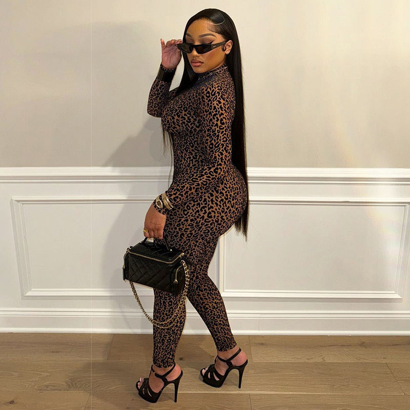 Fashionable Sexy Leopard-print High-waist Figure-hugging Long-sleeve Jumpsuit