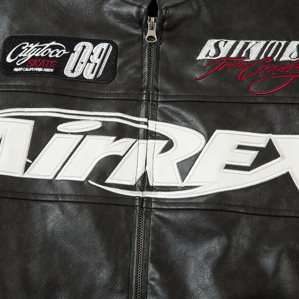 Men's Embroidered Stand Collar Pu Leather Jacket