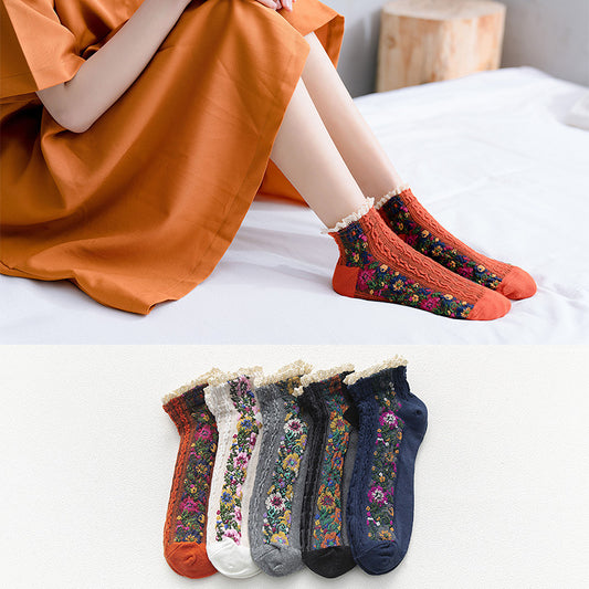 Women's New Lace Cotton Retro Small Floral Boat Socks