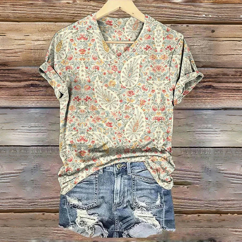 3D Digital Print T-Shirt Womens V-Neck Short-Sleeve Top