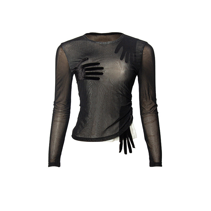 Mesh-panel Long-sleeve Sheer Cropped Top