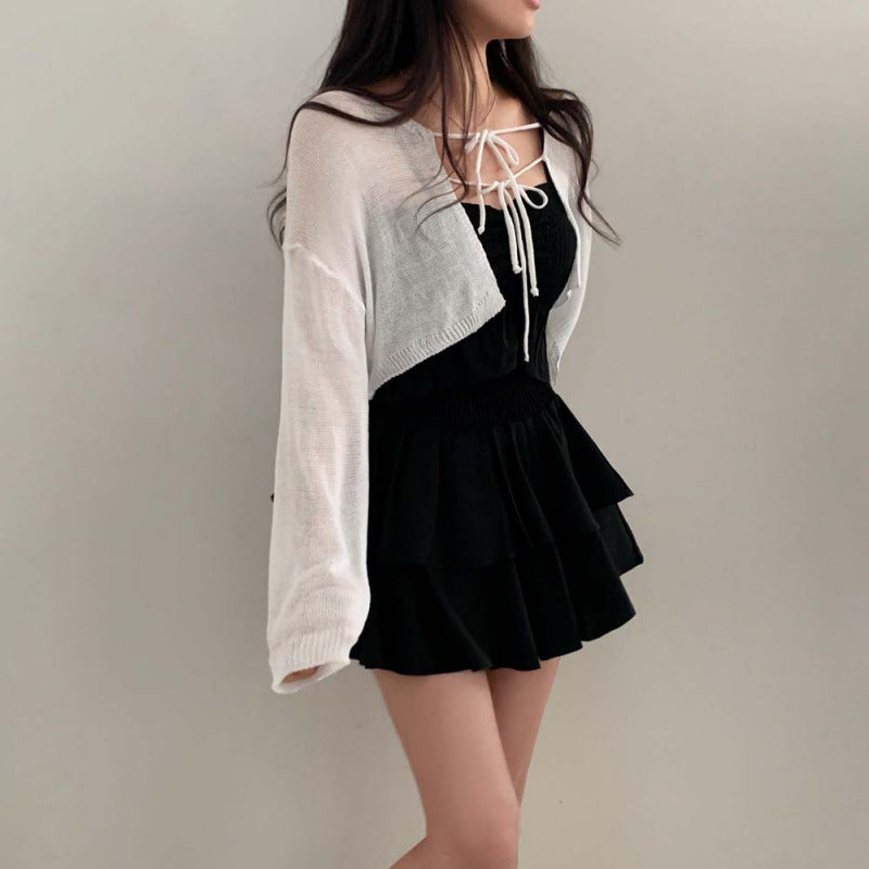 Shawl Tie-front Top Korean Style Solid Color Sweater