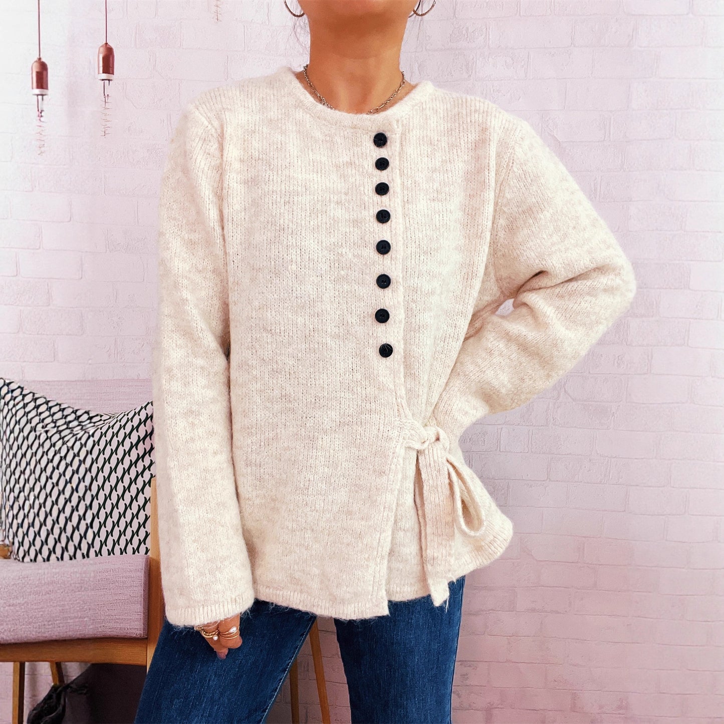 Elegant Commuter Single-breasted Strap Knitwear Slim Fit Sweater
