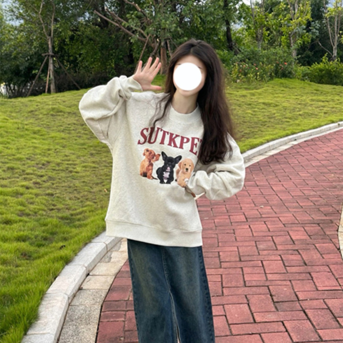 American Retro Cartoon Puppy Gray Sweater Female Spring And Autumn Idle Style Niche Round Neck Long Sleeve Top