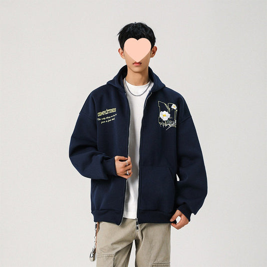 Embroidery Cardigan Hooded Sweatshirt Men's Coat