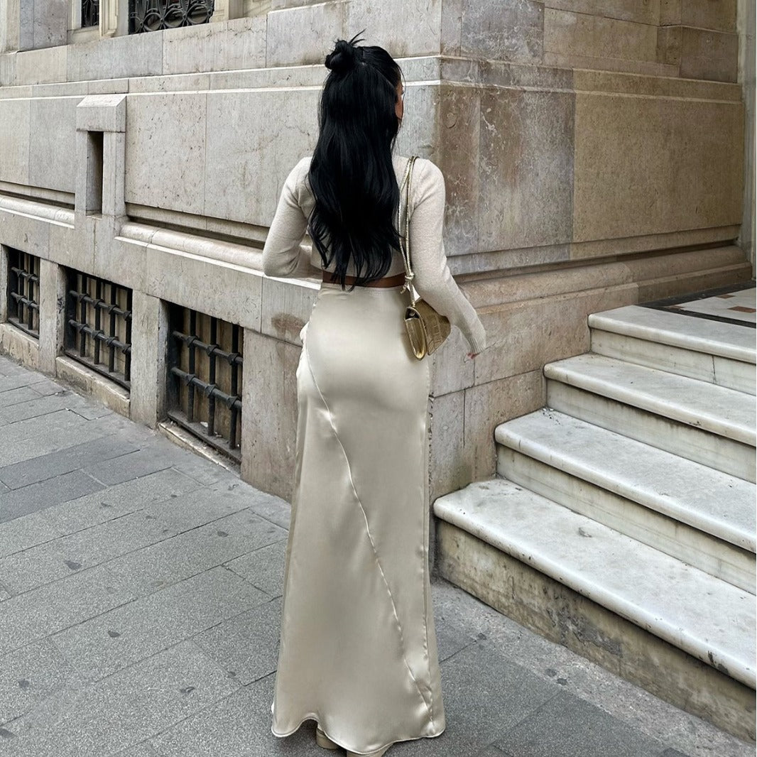 European And American Socialite Autumn High-grade Solid Color Slim Fit Long Dress Irregular Drape
