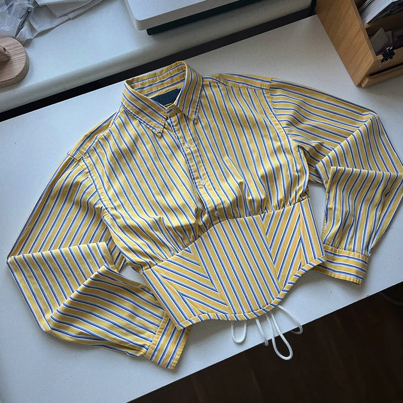 Striped Lapel Fitted Waist Short-length Long Sleeves