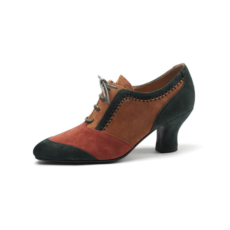 Front Tie Deep Opening Color-blocking Retro High-heel Leather Shoes