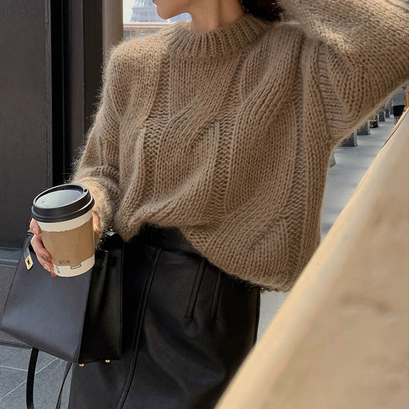 Round Neck Large Hemp Flowers Thick Needle Knitted Sweater