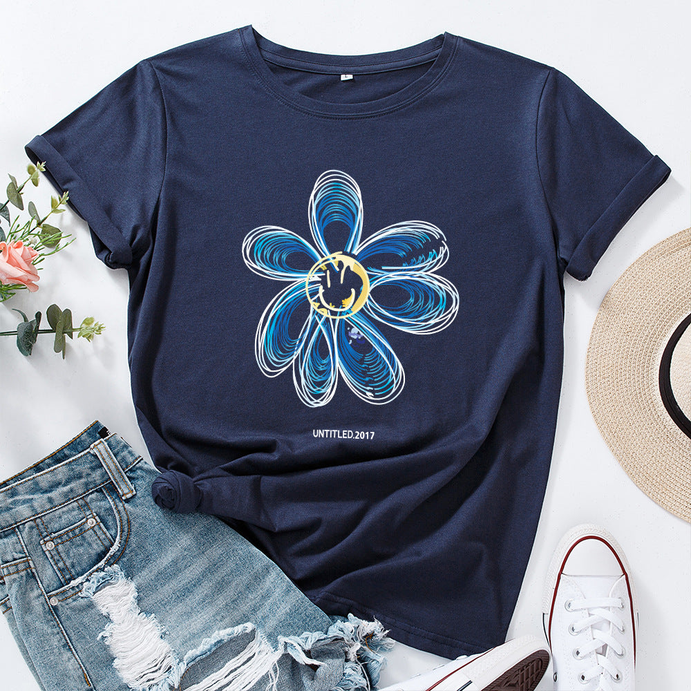 European And American Cotton Loose Round Neck Creative Flower Short Sleeve