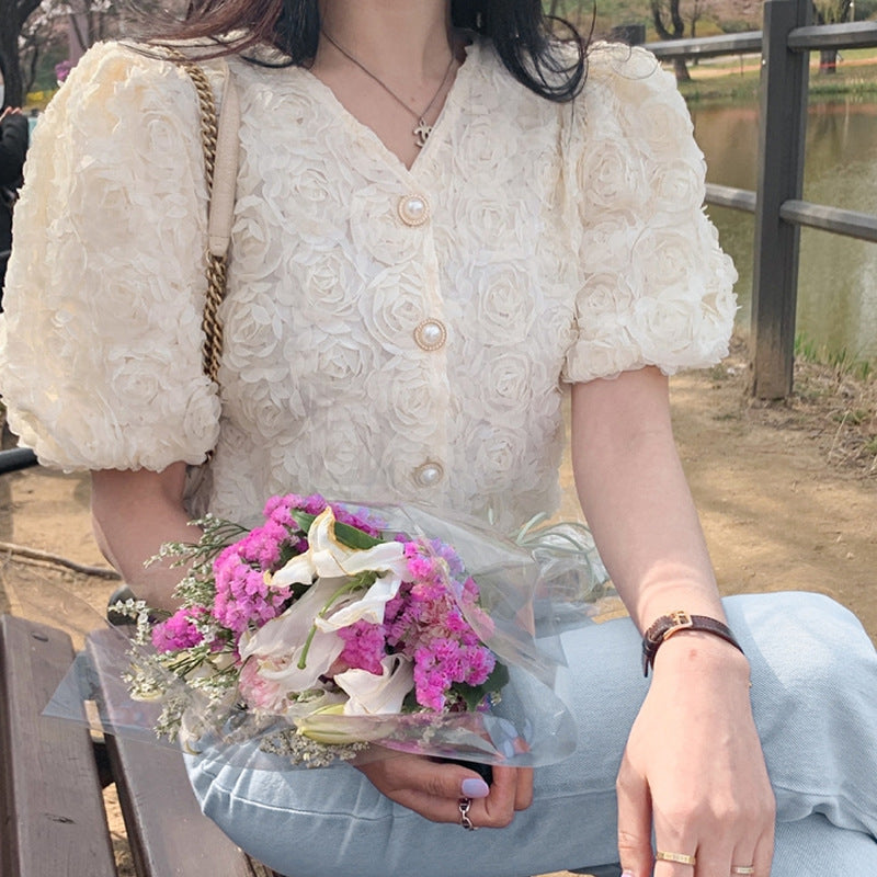 Women's V-neck Three-dimensional Rose Large Pearl Buckle Short-sleeved Shirt