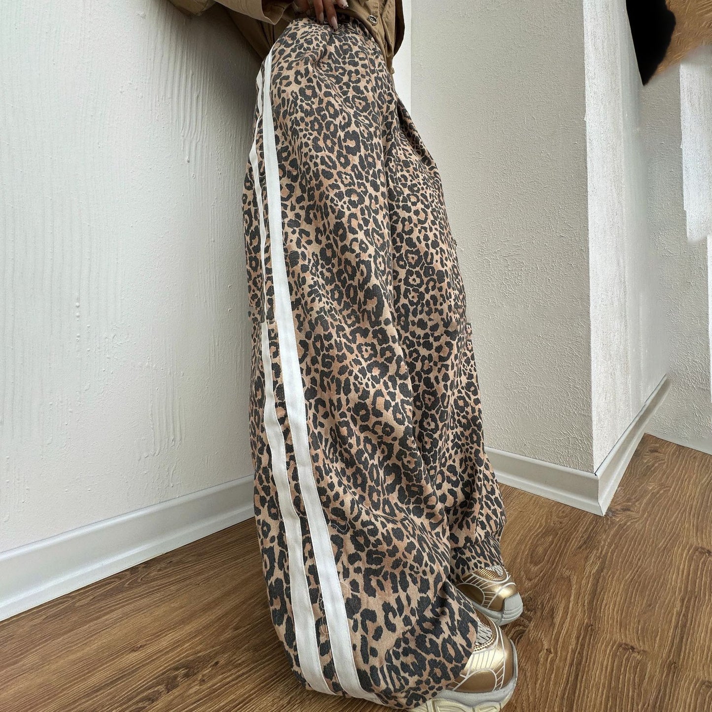 Leopard Print Mop Pants Women's Retro Side Striped Loose Wide-leg Pants