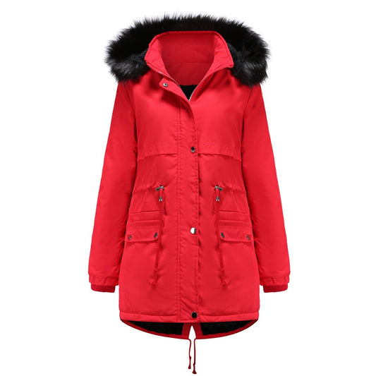 Abbigliamento autunnale e invernale da donna con grande collo in pelliccia, cappotto in cotone con cappuccio staccabile, foderato in pile spesso e caldo