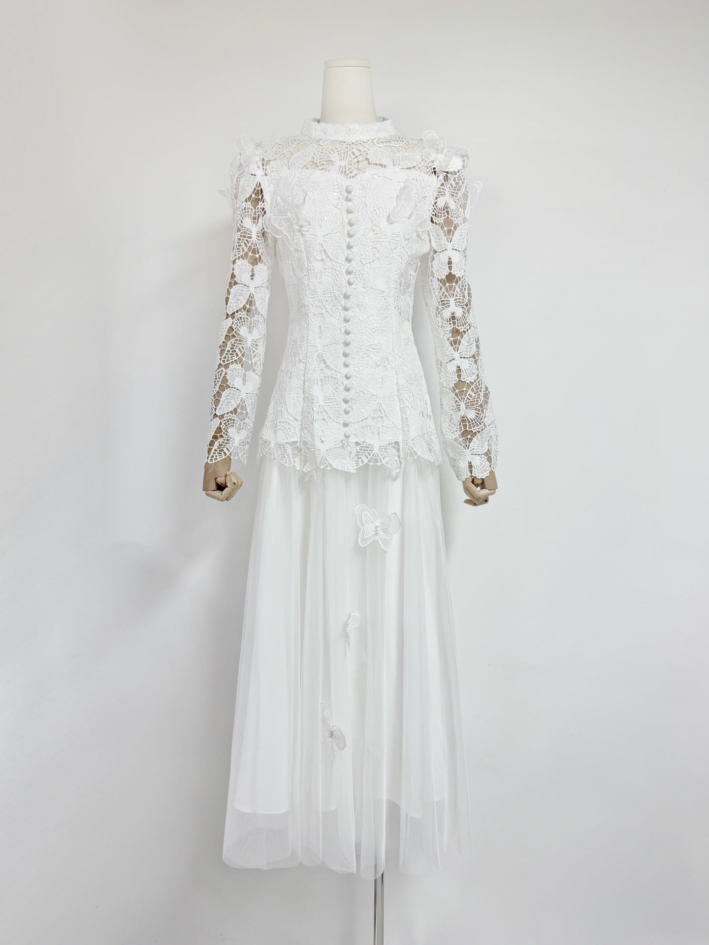 Womens Lace Jacquard Patchwork Top And Mesh Skirt Set