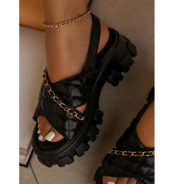 One Word Buckle With Thick Bottom Chain Decorated With Leaky Toe Cross Small Fragrance Diamond Plaid Beach Sandals